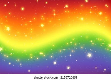 Rainbow fantasy background. Holographic wavy illustration. Bright multicolored sky with stars and bokeh. Vector.