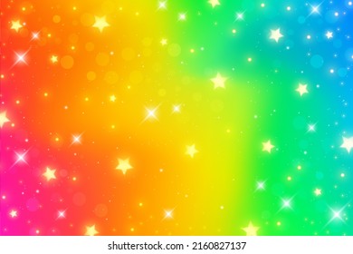 Rainbow fantasy background. Holographic wavy Bright multicolored sky with stars and bokeh. Vector.