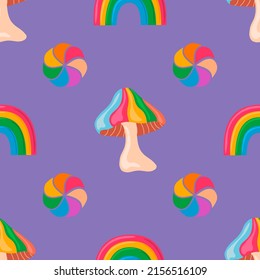 Rainbow fantasy vector seamless pattern with mushrooms. 1970 vibe. Cute rainbow nursery decorative wallpaper. Kids colorful print.