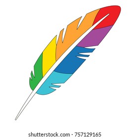 Rainbow Feather cartoon. Outlined illustration with thin line black stroke