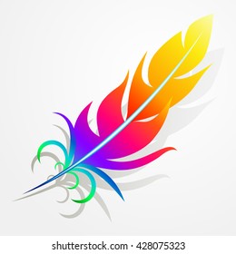 rainbow feather with gray shadow on white background