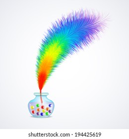 Rainbow feather pen and inkwell isolated on white