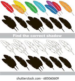 Rainbow Feather Set set to find the correct shadow, the matching educational kid game to compare and connect objects and their true shadows, simple gaming level for preschool kids.