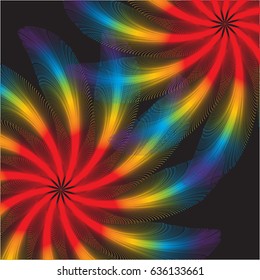 Rainbow feather wheels are featured in an abstract background illustration.