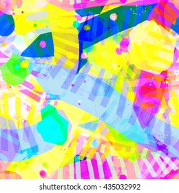 Rainbow festive colors. Strips and spots. Offset, overlap, overlay, transparency. Abstract seamless vector pattern. Easy editing.