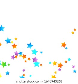 Rainbow Festive Confetti. Carnival Template. Colorful Star Falling. Beautiful Holidays Party. Little Tiny Multicolor Sprockets on White Background. Bright Vector Illustration.