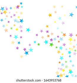 Rainbow Festive Confetti. Carnival Template. Colorful Star Falling. Beautiful Holidays Party. Little Tiny Multicolor Sprockets on White Background. Bright Vector Illustration.