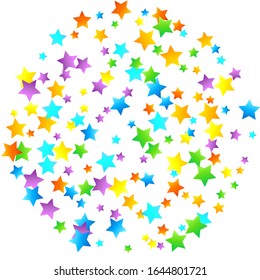 Rainbow Festive Confetti. Carnival Template. Colorful Star Falling. Beautiful Holidays Party. Little Tiny Multicolor Sprockets on White Background. Bright Vector Illustration.