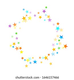 Rainbow Festive Confetti. Carnival Template. Colorful Star Falling. Beautiful Holidays Party. Little Tiny Multicolor Sprockets on White Background. Bright Vector Illustration.