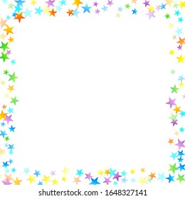Rainbow Festive Confetti. Carnival Template. Colorful Star Falling. Beautiful Holidays Party. Little Tiny Multicolor Sprockets on White Background. Bright Vector Illustration.