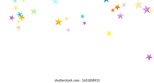 Rainbow Festive Confetti. Carnival Template. Colorful Star Falling. Beautiful Holidays Party. Little Tiny Multicolor Sprockets on White Background. Bright Vector Illustration.