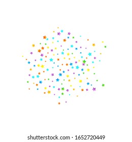 Rainbow Festive Confetti. Carnival Template. Colorful Star Falling. Beautiful Holidays Party. Little Tiny Multicolor Sprockets on White Background. Bright Vector Illustration.