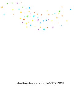 Rainbow Festive Confetti. Carnival Template. Colorful Star Falling. Beautiful Holidays Party. Little Tiny Multicolor Sprockets on White Background. Bright Vector Illustration.