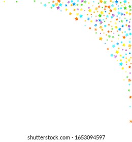 Rainbow Festive Confetti. Carnival Template. Colorful Star Falling. Beautiful Holidays Party. Little Tiny Multicolor Sprockets on White Background. Bright Vector Illustration.