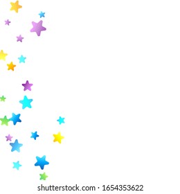 Rainbow Festive Confetti. Carnival Template. Colorful Star Falling. Beautiful Holidays Party. Little Tiny Multicolor Sprockets on White Background. Bright Vector Illustration.
