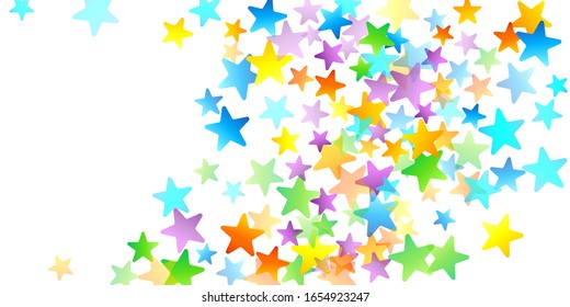Confetti festivo arcoiris. Plantilla de Carnaval. Estrella Colorida Cae. Hermosa fiesta de vacaciones. Pequeños baldes multicolores sobre fondo blanco. Ilustración del vector brillante.