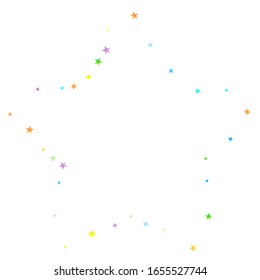 Confetti festivo arcoiris. Plantilla de Carnaval. Estrella Colorida Cae. Hermosa fiesta de vacaciones. Pequeños baldes multicolores sobre fondo blanco. Ilustración del vector brillante.
