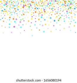 Rainbow Festive Confetti. Carnival Template. Colorful Star Falling. Beautiful Holidays Party. Little Tiny Multicolor Sprockets on White Background. Bright Vector Illustration.