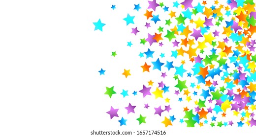 Rainbow Festive Confetti. Carnival Template. Colorful Star Falling. Beautiful Holidays Party. Little Tiny Multicolor Sprockets on White Background. Bright Vector Illustration.