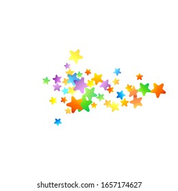 Rainbow Festive Confetti. Carnival Template. Colorful Star Falling. Beautiful Holidays Party. Little Tiny Multicolor Sprockets on White Background. Bright Vector Illustration.