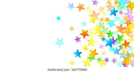 Rainbow Festive Confetti. Carnival Template. Colorful Star Falling. Beautiful Holidays Party. Little Tiny Multicolor Sprockets on White Background. Bright Vector Illustration.
