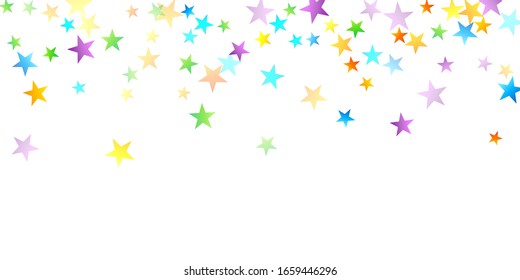 Rainbow Festive Confetti. Carnival Template. Colorful Star Falling. Beautiful Holidays Party. Little Tiny Multicolor Sprockets on White Background. Bright Vector Illustration.