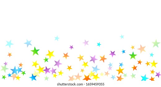 Confetti festivo arcoiris. Plantilla de Carnaval. Estrella Colorida Cae. Hermosa fiesta de vacaciones. Pequeños baldes multicolores sobre fondo blanco. Ilustración del vector brillante.