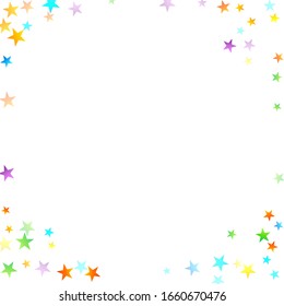 Rainbow Festive Confetti. Carnival Template. Colorful Star Falling. Beautiful Holidays Party. Little Tiny Multicolor Sprockets on White Background. Bright Vector Illustration.