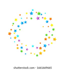 Rainbow Festive Confetti. Carnival Template. Colorful Star Falling. Beautiful Holidays Party. Little Tiny Multicolor Sprockets on White Background. Bright Vector Illustration.