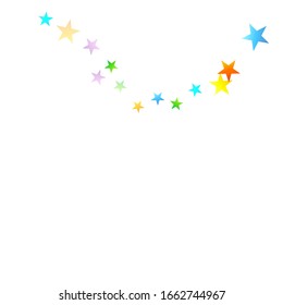 Confetti festivo arcoiris. Plantilla de Carnaval. Estrella Colorida Cae. Hermosa fiesta de vacaciones. Pequeños baldes multicolores sobre fondo blanco. Ilustración del vector brillante.