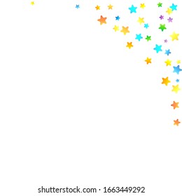 Rainbow Festive Confetti. Carnival Template. Colorful Star Falling. Beautiful Holidays Party. Little Tiny Multicolor Sprockets on White Background. Bright Vector Illustration.