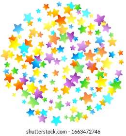 Rainbow Festive Confetti. Carnival Template. Colorful Star Falling. Beautiful Holidays Party. Little Tiny Multicolor Sprockets on White Background. Bright Vector Illustration.