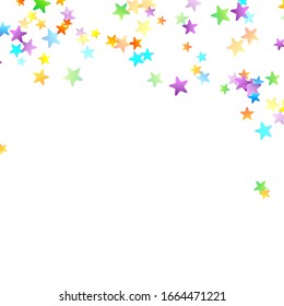Rainbow Festive Confetti. Carnival Template. Colorful Star Falling. Beautiful Holidays Party. Little Tiny Multicolor Sprockets on White Background. Bright Vector Illustration.