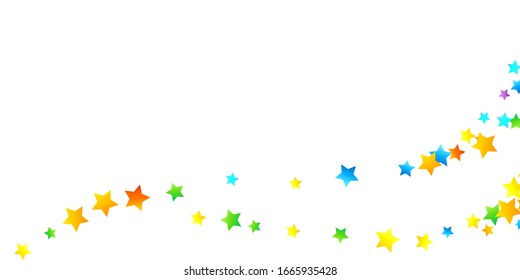 Rainbow Festive Confetti. Carnival Template. Colorful Star Falling. Beautiful Holidays Party. Little Tiny Multicolor Sprockets on White Background. Bright Vector Illustration.