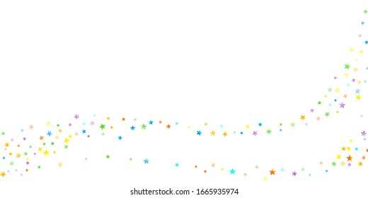 Rainbow Festive Confetti. Carnival Template. Colorful Star Falling. Beautiful Holidays Party. Little Tiny Multicolor Sprockets on White Background. Bright Vector Illustration.