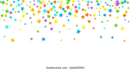Rainbow Festive Confetti. Carnival Template. Colorful Star Falling. Beautiful Holidays Party. Little Tiny Multicolor Sprockets on White Background. Bright Vector Illustration.