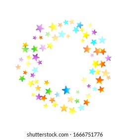 Rainbow Festive Confetti. Karnevalsvorlage. Farbiger Star fällt. Schöne Feiertage. Kleine, kleine, mehrfarbige Schmutzspritzen auf weißem Hintergrund. Helle Vektorillustration Illustration.