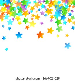 Rainbow Festive Confetti. Carnival Template. Colorful Star Falling. Beautiful Holidays Party. Little Tiny Multicolor Sprockets on White Background. Bright Vector Illustration.