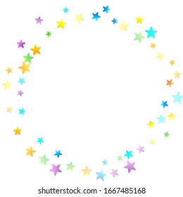 Confetti festivo arcoiris. Plantilla de Carnaval. Estrella Colorida Cae. Hermosa fiesta de vacaciones. Pequeños baldes multicolores sobre fondo blanco. Ilustración del vector brillante.