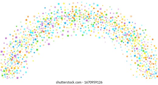 Rainbow Festive Confetti. Carnival Template. Colorful Star Falling. Beautiful Holidays Party. Little Tiny Multicolor Sprockets on White Background. Bright Vector Illustration.