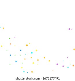 Rainbow Festive Confetti. Carnival Template. Colorful Star Falling. Beautiful Holidays Party. Little Tiny Multicolor Sprockets on White Background. Bright Vector Illustration.