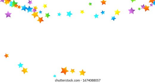 Rainbow Festive Confetti. Carnival Template. Colorful Star Falling. Beautiful Holidays Party. Little Tiny Multicolor Sprockets on White Background. Bright Vector Illustration.
