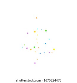 Confetti festivo arcoiris. Plantilla de Carnaval. Estrella Colorida Cae. Hermosa fiesta de vacaciones. Pequeños baldes multicolores sobre fondo blanco. Ilustración del vector brillante.