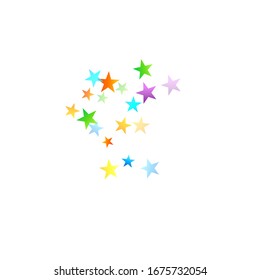 Rainbow Festive Confetti. Carnival Template. Colorful Star Falling. Beautiful Holidays Party. Little Tiny Multicolor Sprockets on White Background. Bright Vector Illustration.