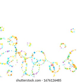 Rainbow Festive Confetti. Carnival Template. Colorful Star Falling. Beautiful Holidays Party. Little Tiny Multicolor Sprockets on White Background. Bright Vector Illustration.