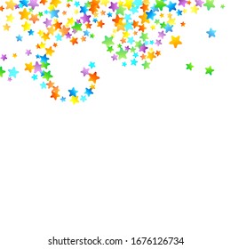 Rainbow Festive Confetti. Carnival Template. Colorful Star Falling. Beautiful Holidays Party. Little Tiny Multicolor Sprockets on White Background. Bright Vector Illustration.