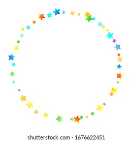 Rainbow Festive Confetti. Carnival Template. Colorful Star Falling. Beautiful Holidays Party. Little Tiny Multicolor Sprockets on White Background. Bright Vector Illustration.