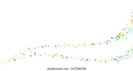 Rainbow Festive Confetti. Carnival Template. Colorful Star Falling. Beautiful Holidays Party. Little Tiny Multicolor Sprockets on White Background. Bright Vector Illustration.
