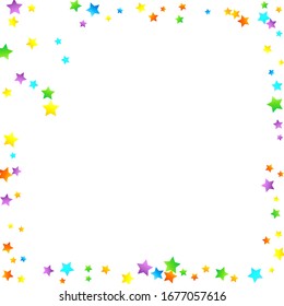 Rainbow Festive Confetti. Karnevalsvorlage. Farbiger Star fällt. Schöne Feiertage. Kleine, kleine, mehrfarbige Schmutzspritzen auf weißem Hintergrund. Helle Vektorillustration Illustration.