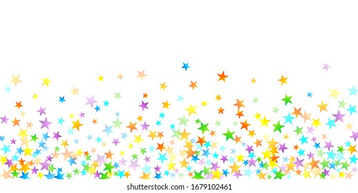 Rainbow Festive Confetti. Carnival Template. Colorful Star Falling. Beautiful Holidays Party. Little Tiny Multicolor Sprockets on White Background. Bright Vector Illustration.